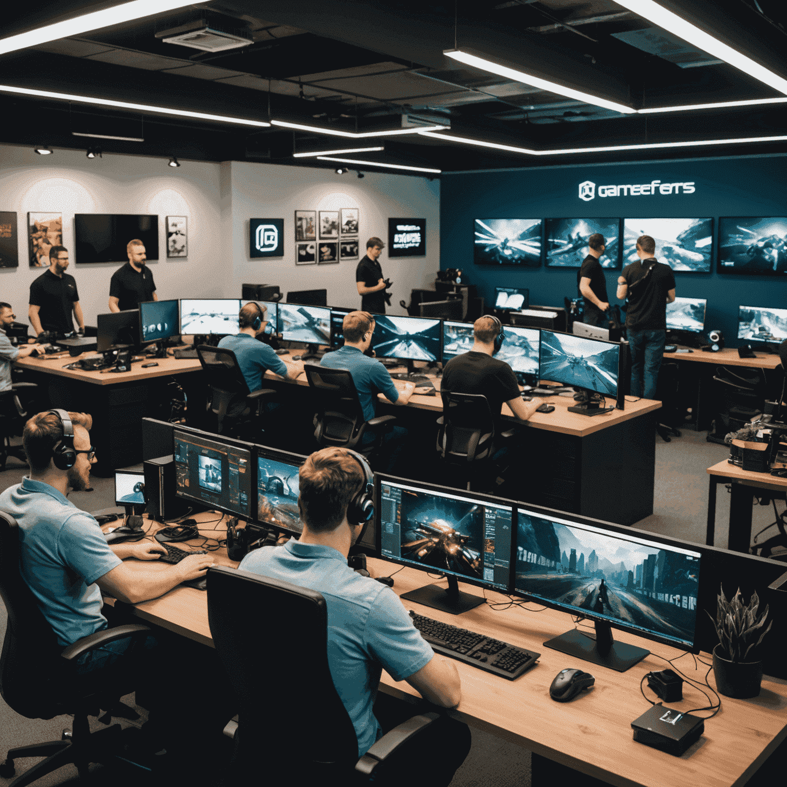 The GameCrafters team working in their office, surrounded by high-end gaming PCs and components. The image shows a diverse group of professionals collaborating in a modern, tech-focused environment.