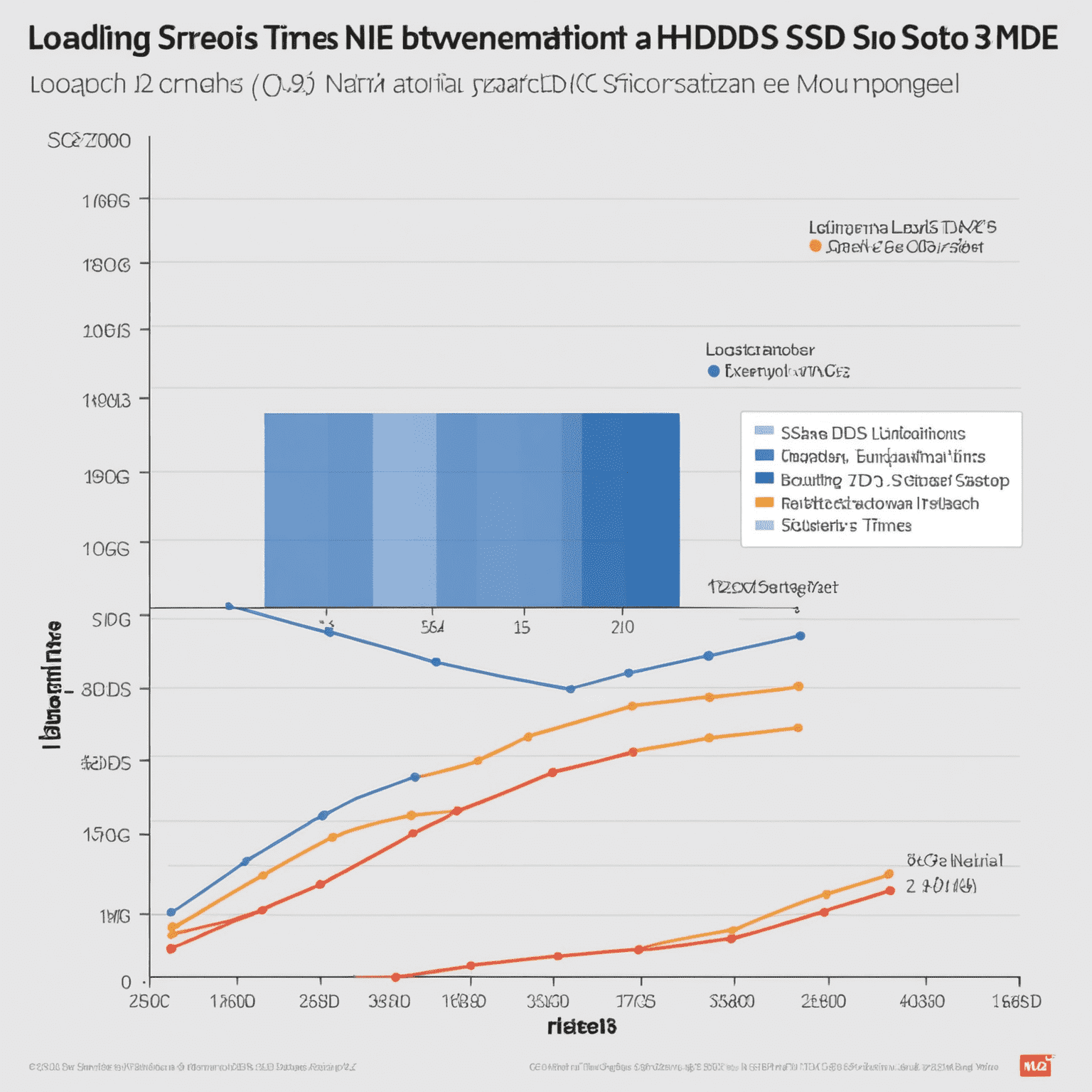 A graph comparing loading times between traditional HDDs, SATA SSDs, and next-gen NVMe SSDs, showing a dramatic reduction in loading times